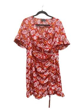 PrettyLittleThing Red Floral Print Dress with Pink & Gold Accents